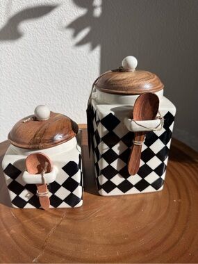 Black & White Checker Ceramic Canister Set with Wooden Lids and Spoons